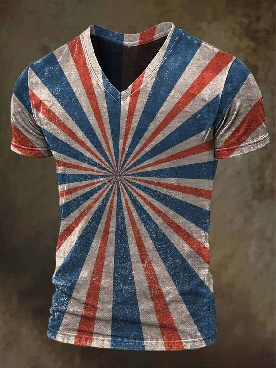 Blue Radial Stripe Printed Casual Short-Sleeved T-Shirt