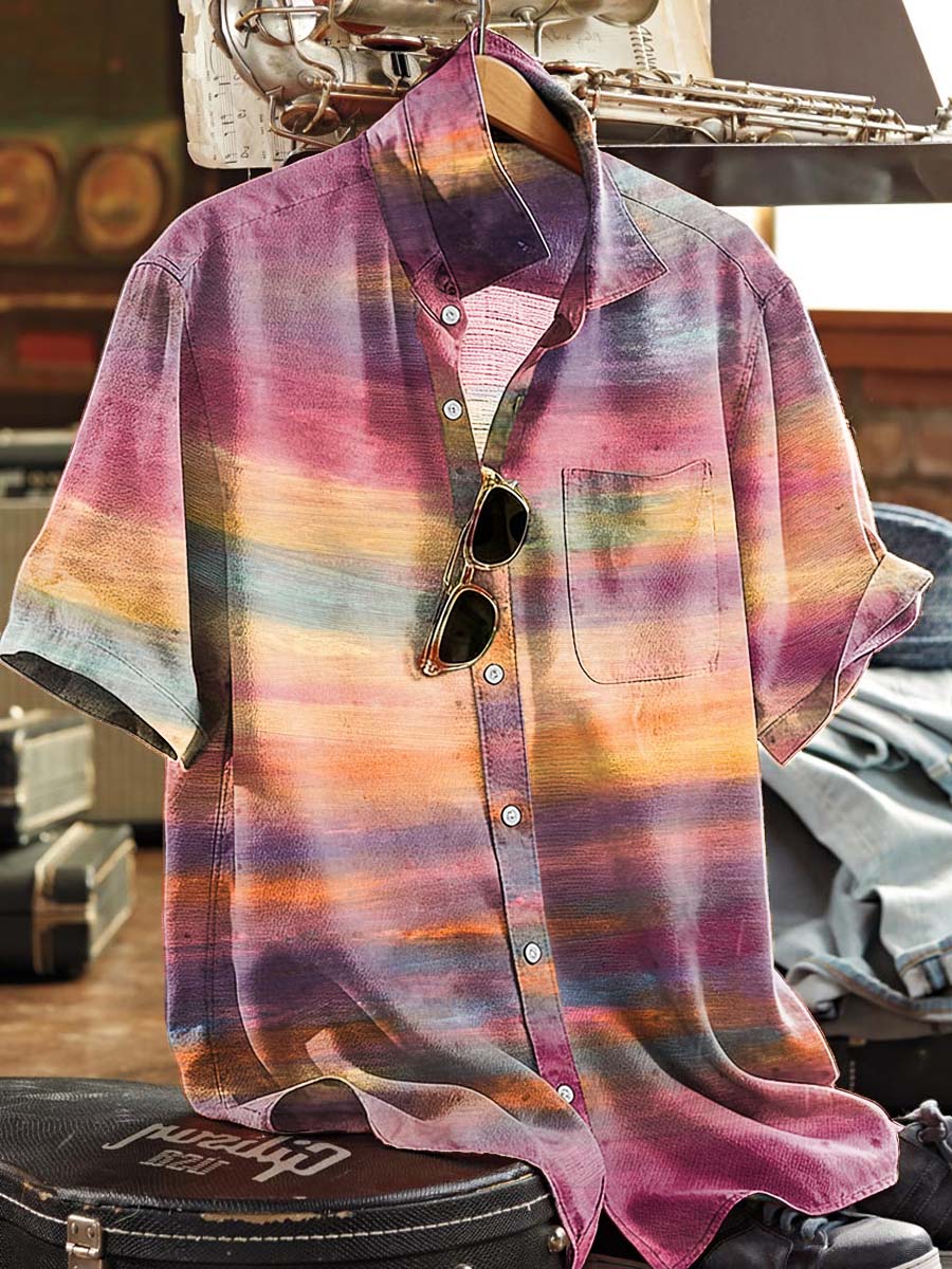 Gradient Watercolor Striped Print Casual Short-Sleeve Shirt