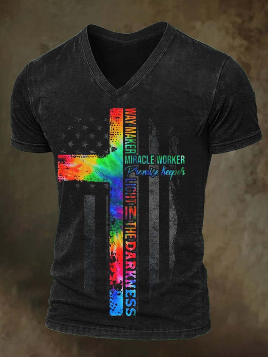 Rainbow Cross American Flag Print Casual Short-Sleeve T-Shirt