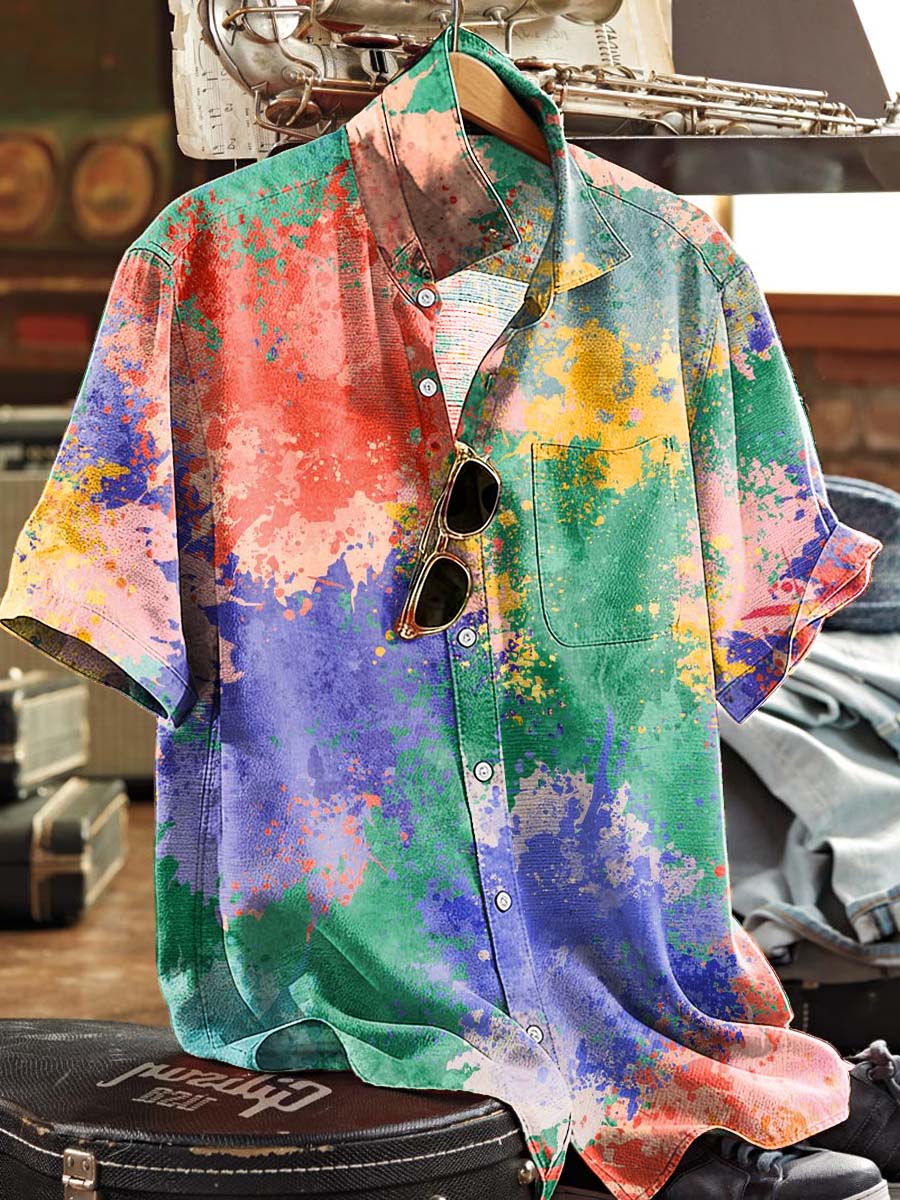 Rainbow Splatter Print Casual Short-Sleeved Shirt