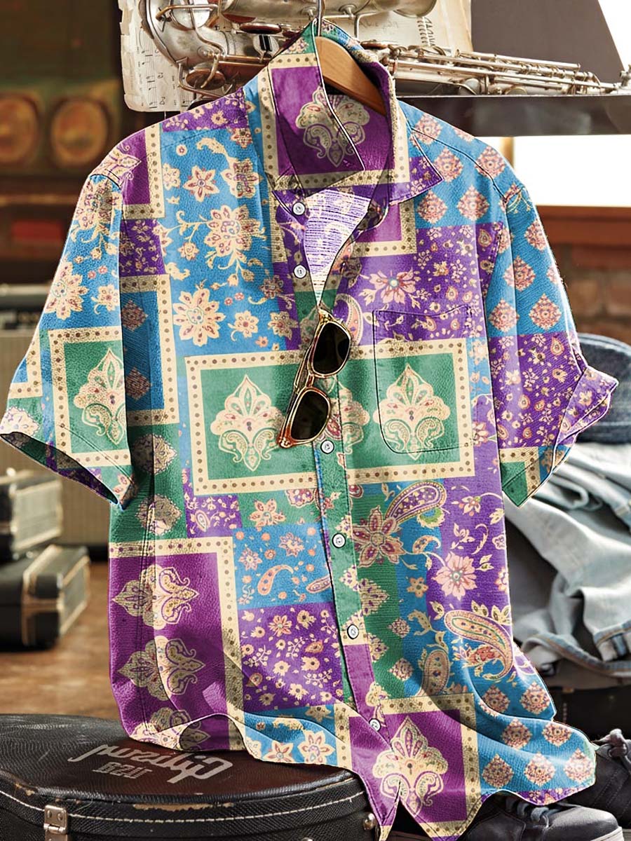 Retro Color-Blocked Paisley Floral Print Casual Short-Sleeved Shirt