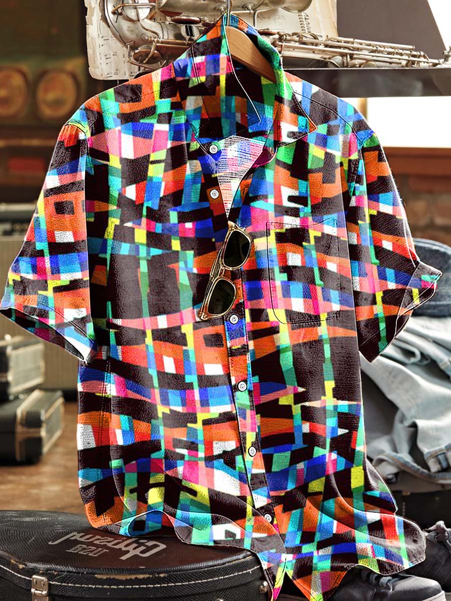 Neon Pixel Print Casual Short-Sleeve Shirt