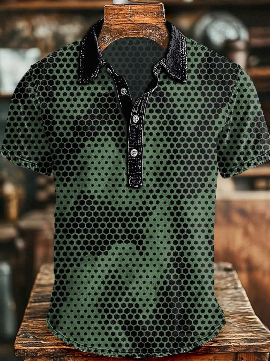 Army Green Honeycomb Plaid Printed Casual Short-Sleeved Polo Shirt
