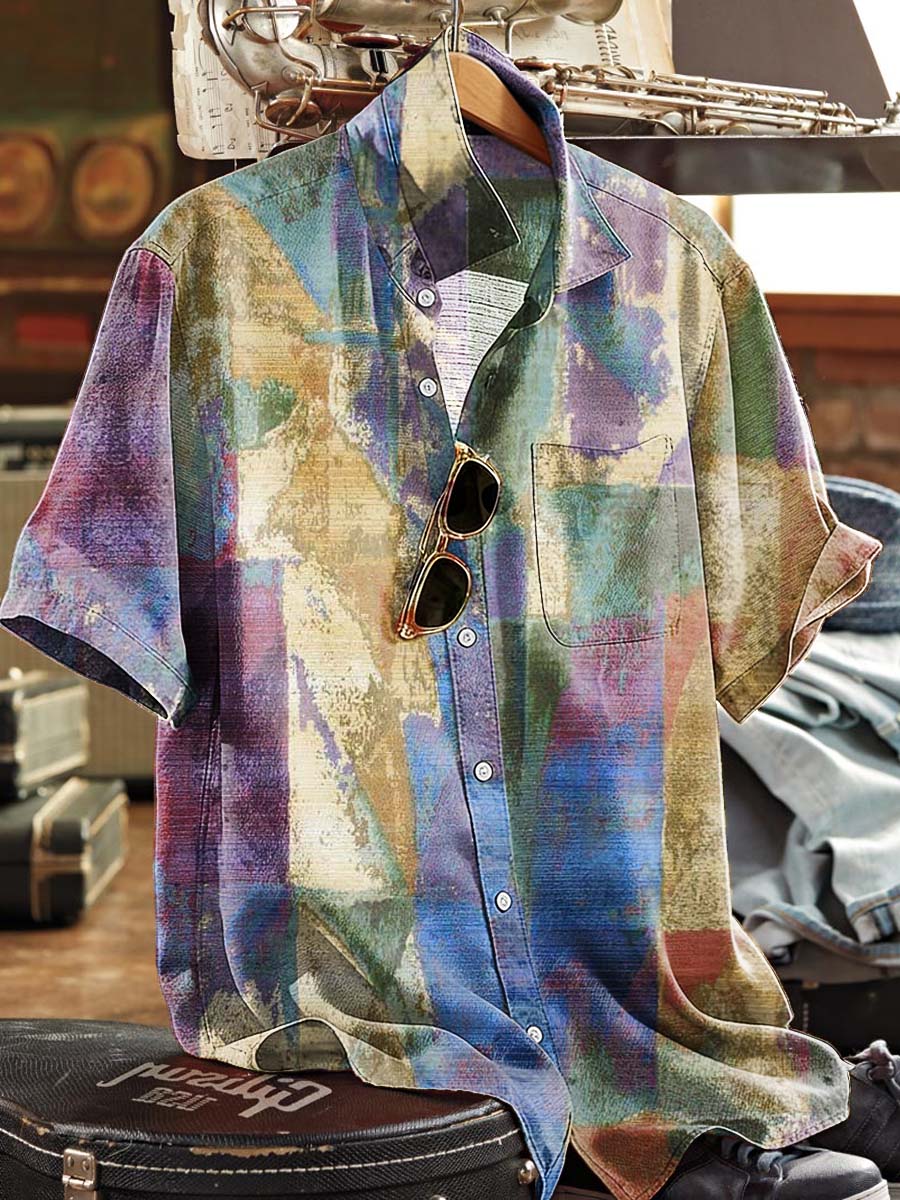 Distressed Abstract Oil Painting Print Casual Short-Sleeved Shirt
