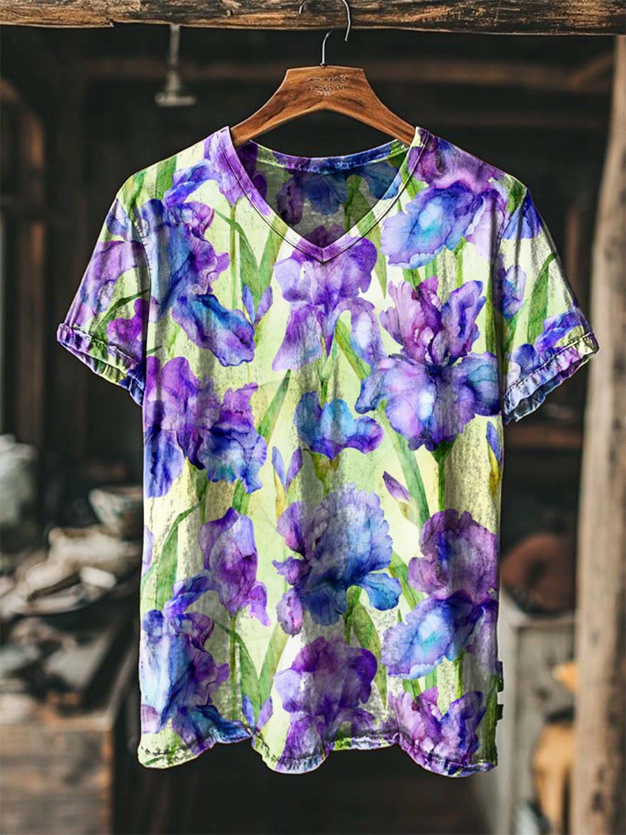 Watercolor Purple Floral Print Casual Short-Sleeve T-Shirt