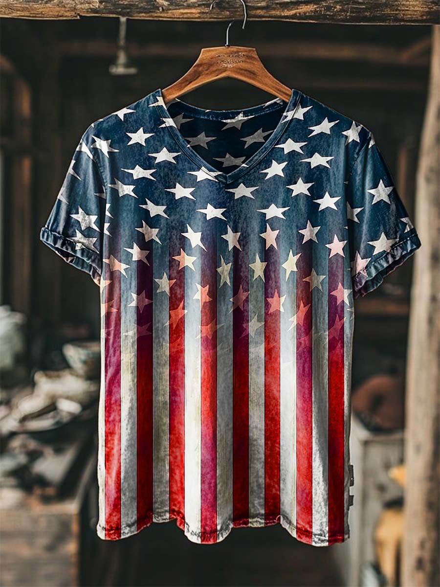 Distressed American Flag Print Casual Short-Sleeved T-Shirt