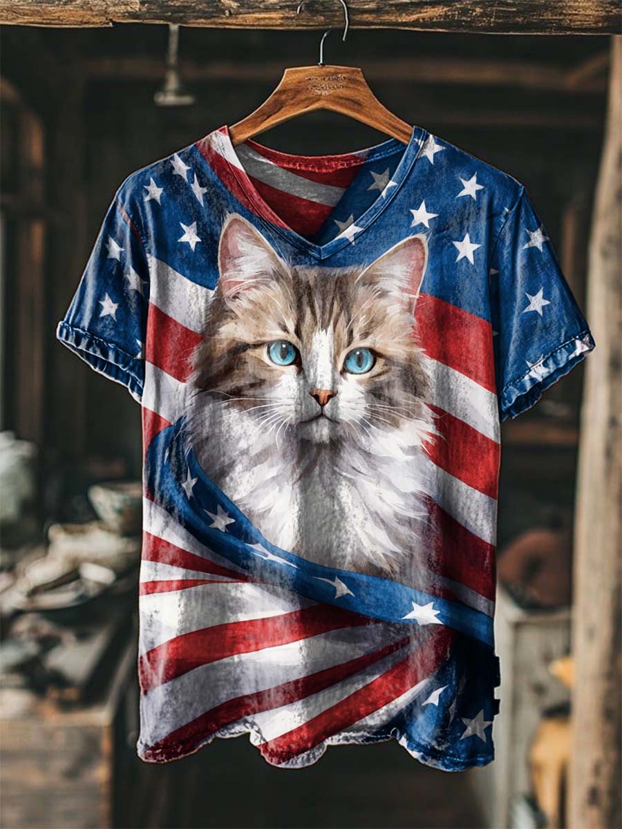 American Flag Cat Print Casual Short-Sleeved T-Shirt