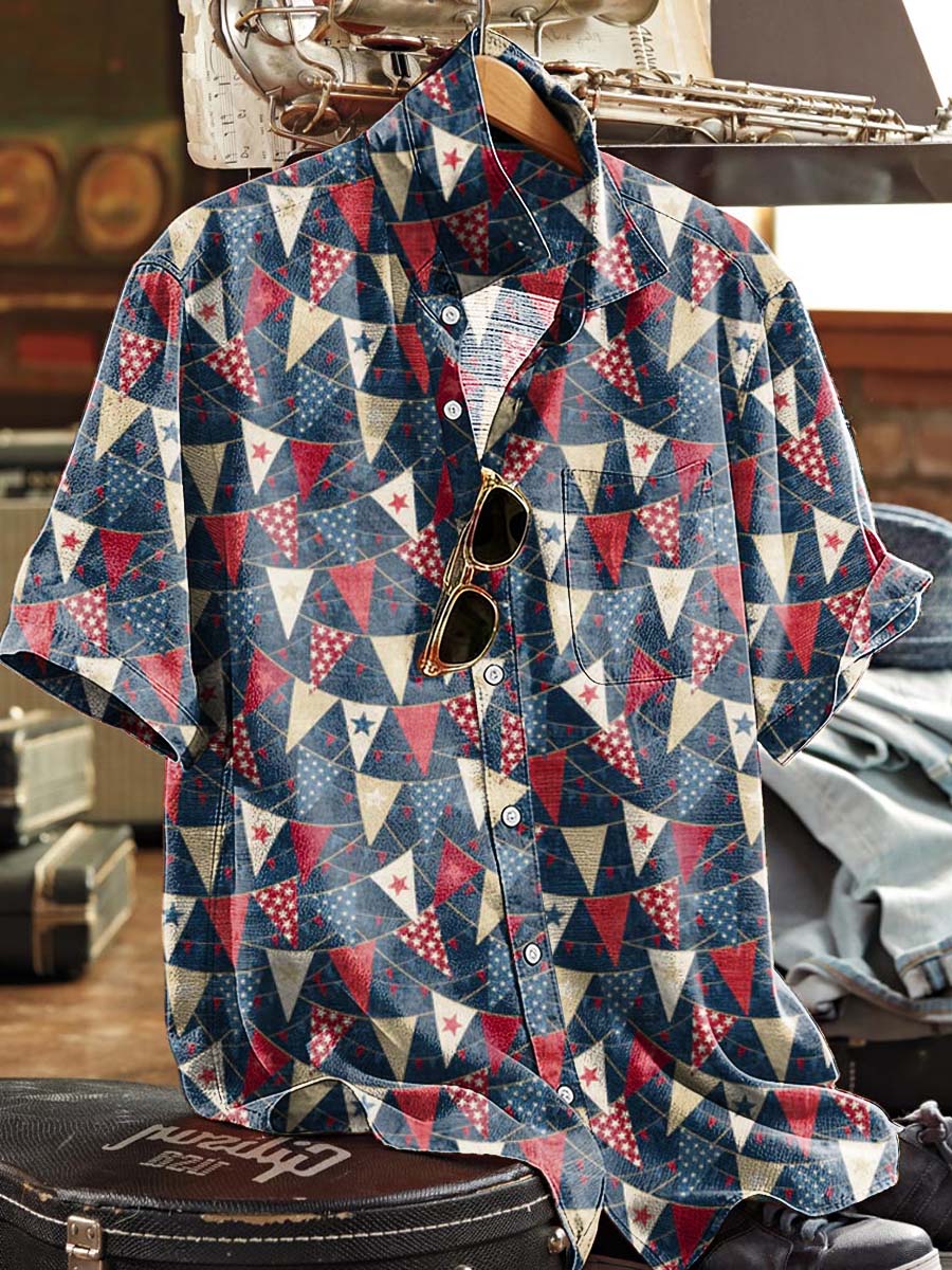 Red And Blue Triangular Flag Print Casual Short-Sleeved Shirt