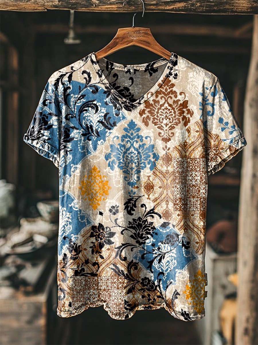 Baroque Color-Blocked Pattern Print Casual Short-Sleeved T-Shirt