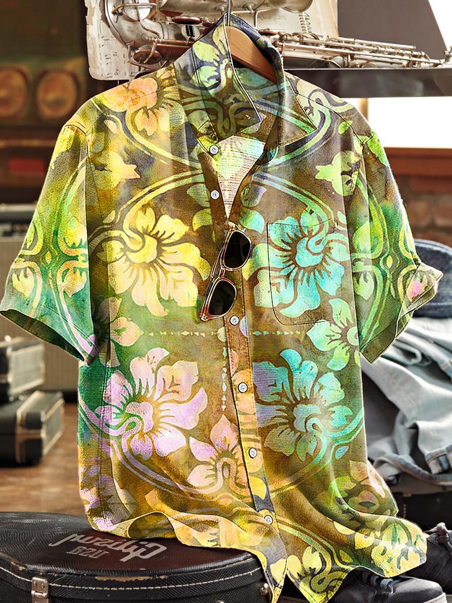 Retro Watercolor Floral Print Casual Short-Sleeve Shirt
