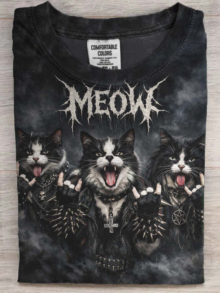 Heavy Metal Rock Cat Print Casual Short-Sleeve T-Shirt