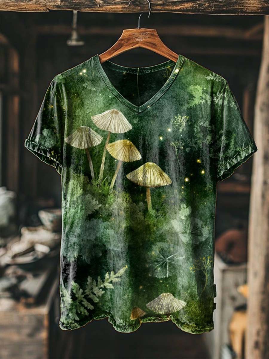 Forest-themed Mushroom and Firefly Print Casual Short-Sleeve T-Shirt