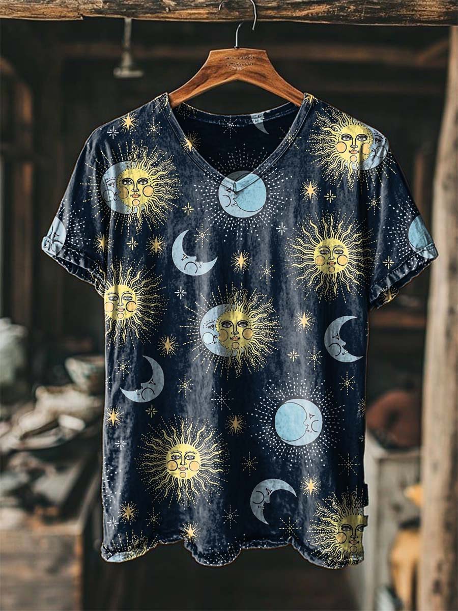 Cartoon Sun, Moon and Star Print Casual Short-Sleeve T-Shirt