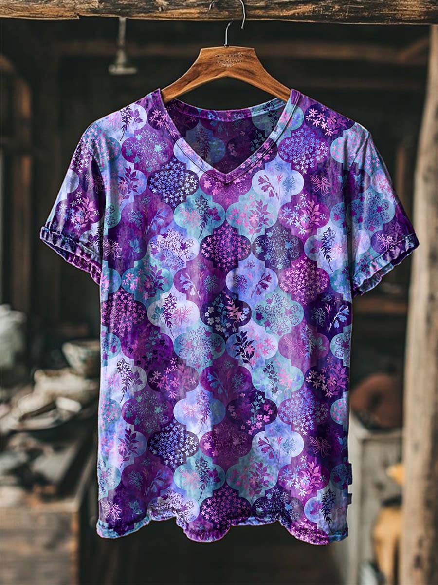 Moroccan Tile & Floral Print Casual Short-Sleeve T-Shirt