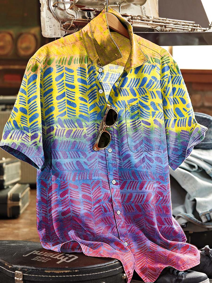Gradient Leaf Pattern Printed Casual Short-Sleeve Shirt