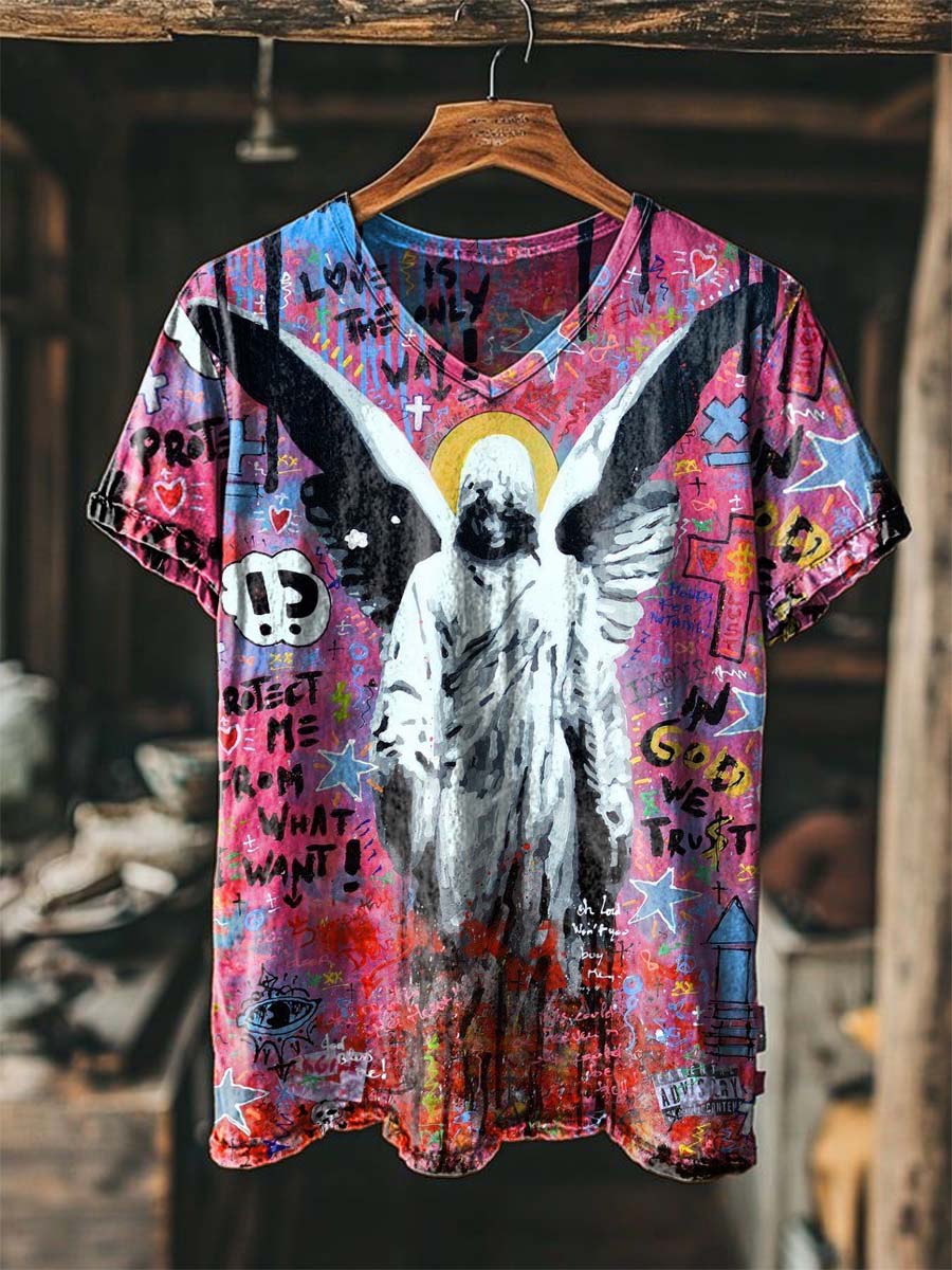 Angel Graffiti Art Printed Casual Short-Sleeve T-Shirt