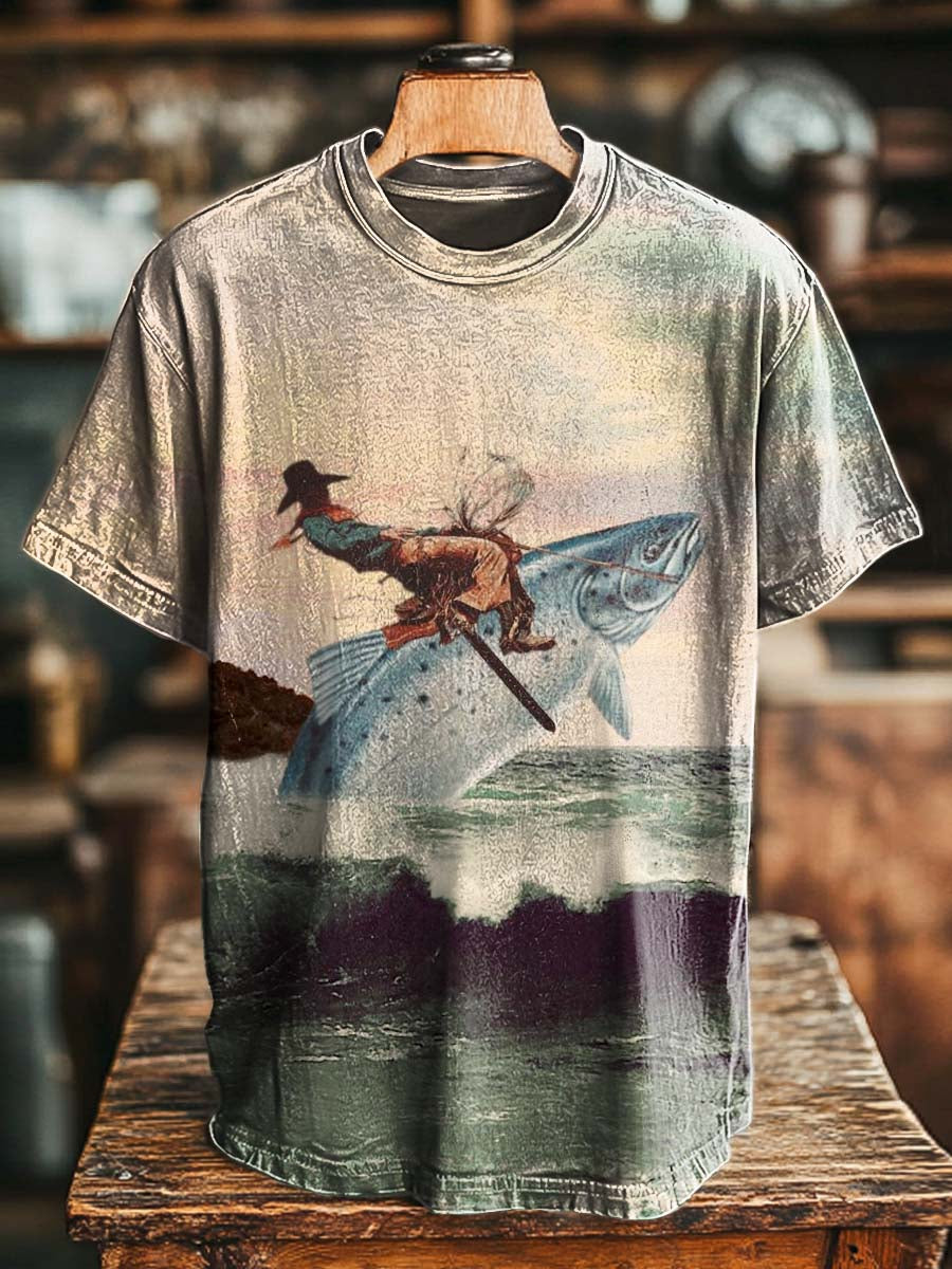 Fun "Cowboy Riding a Salmon" Print Casual Short-Sleeve T-Shirt