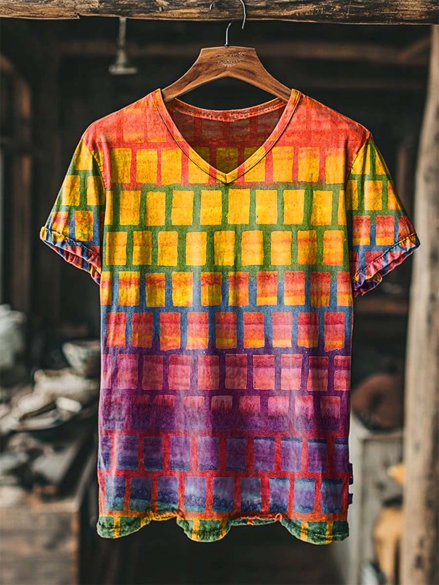 Rainbow Plaid Print Casual Short-Sleeve T-Shirt