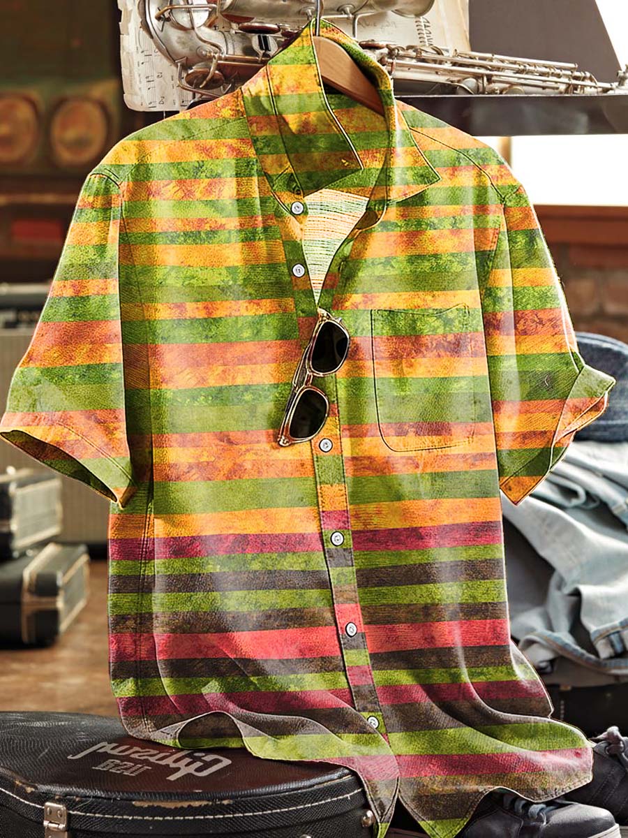 Retro Rainbow Stripe Printed Casual Short-Sleeve Shirt