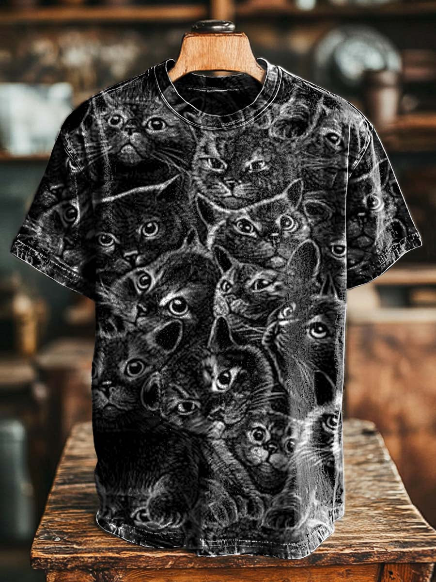 Retro Cat Print Casual Short-Sleeve T-Shirt