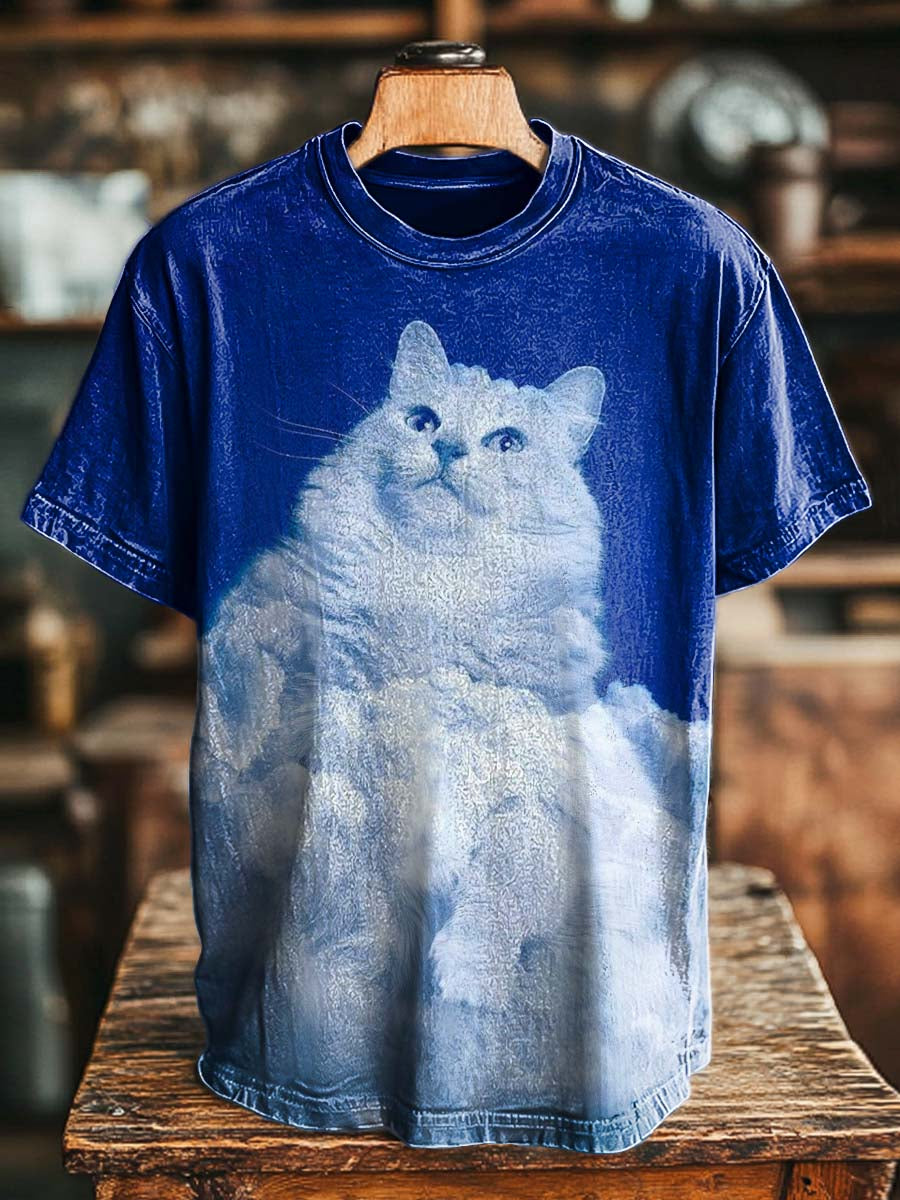 Abstract Cloud & Cat Print Casual Short-Sleeve T-Shirt