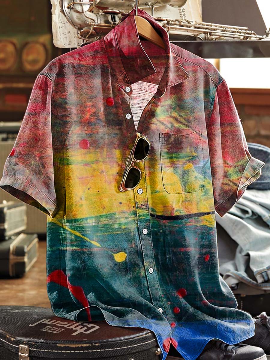 Abstract Oil Painting Style Printed Casual Short-Sleeve Shirt