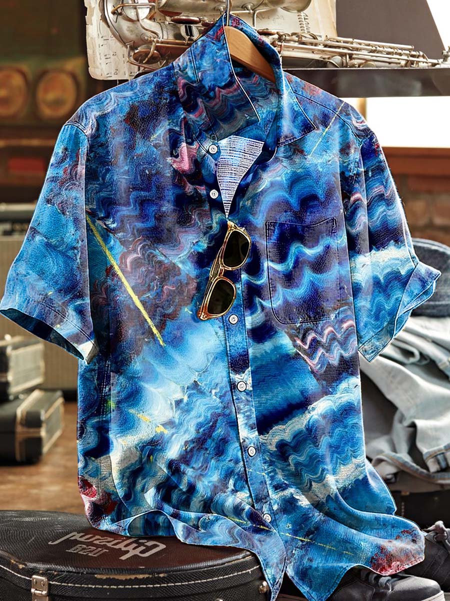 Fluid Wave Print Casual Short-Sleeve Shirt
