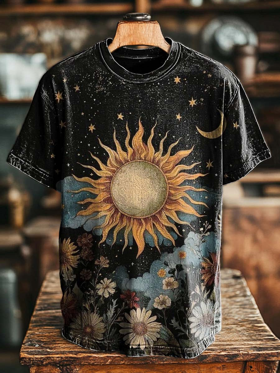 Floral & Sun-and-Moon Print Casual Short-Sleeve T-Shirt