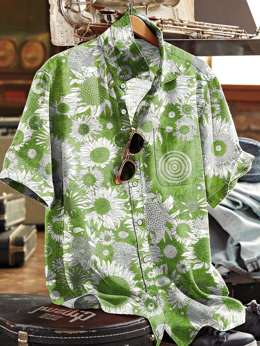 Geometric Sunflower Print Casual Short-Sleeve Shirt