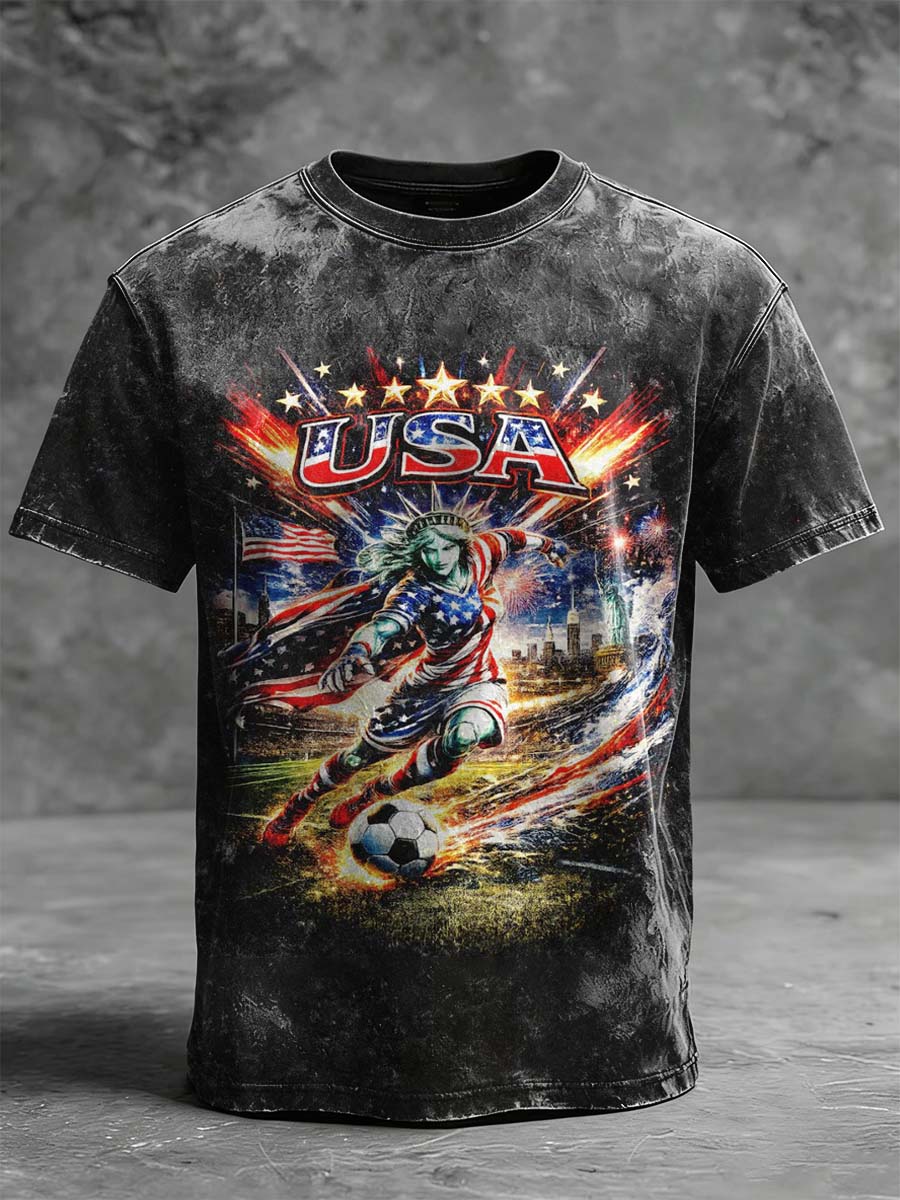 American Retro Distressed "Statue of Liberty" Print Casual Short-Sleeve T-Shirt
