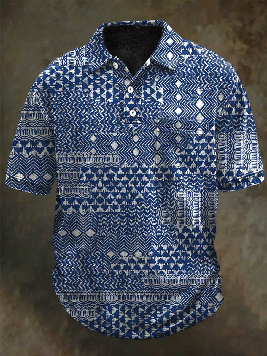 Patchwork Ethnic-Style Geometric Print Casual Short-Sleeve Polo Shirt