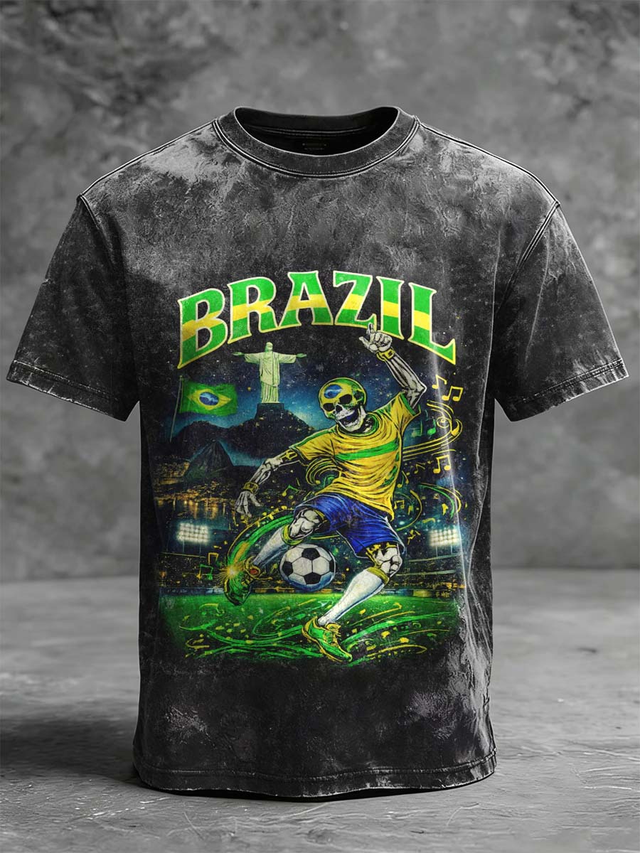 Brazil Skull Football Printed Casual Short-Sleeve T-Shirt