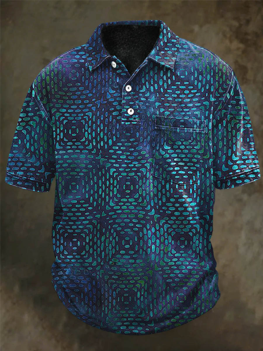Scale-Patterned Geometric Print Casual Short-Sleeve Polo Shirt