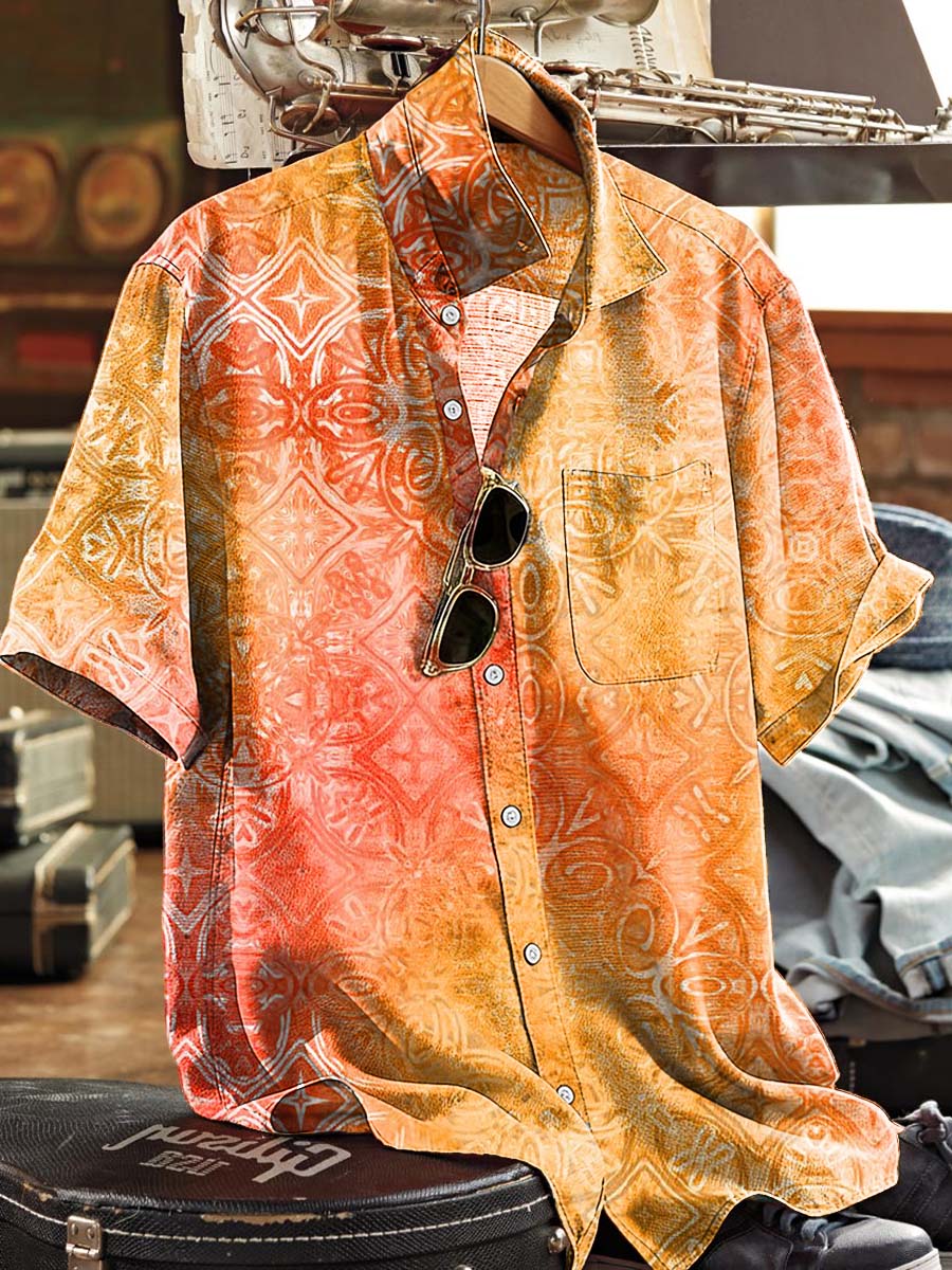 Retro Floral Tile Print Casual Short-Sleeve Shirt