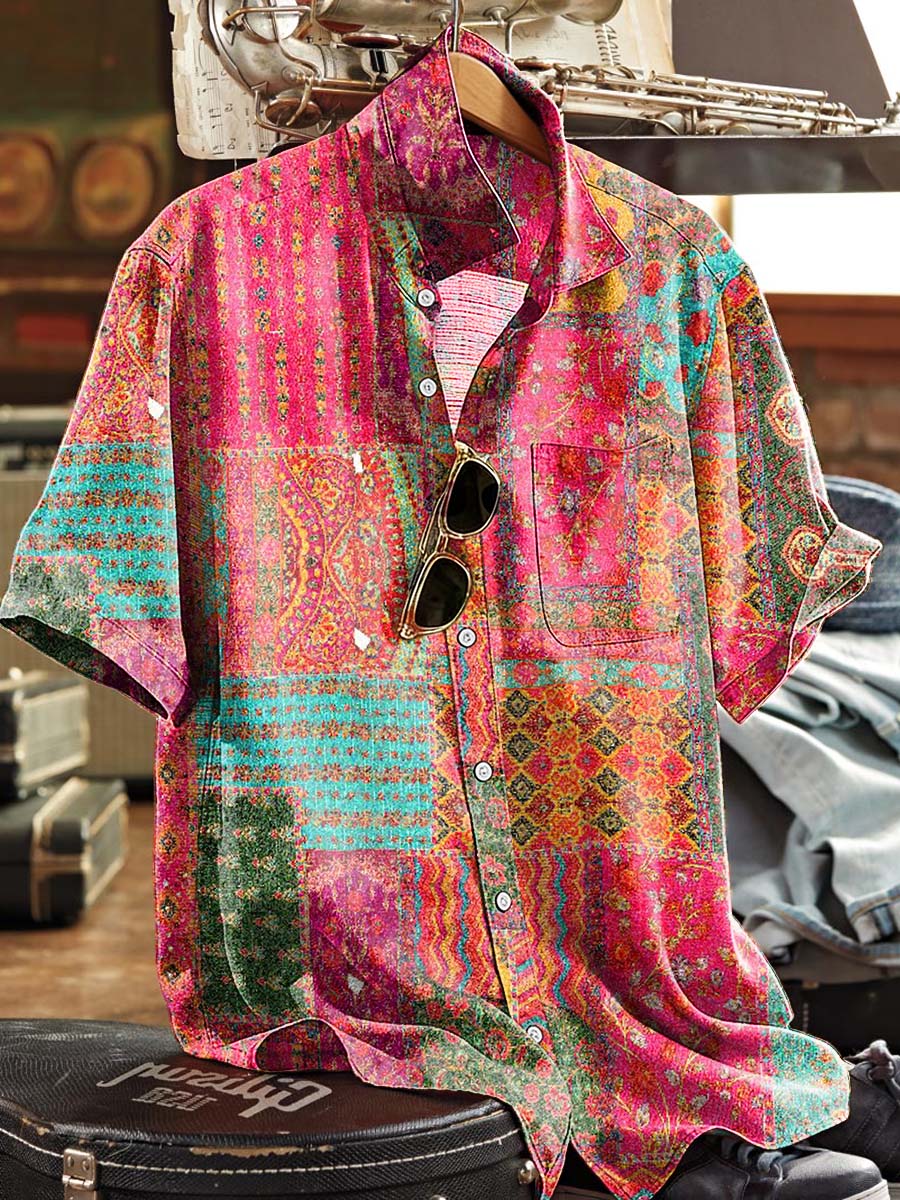 Bohemian Patchwork Paisley Print Casual Short-Sleeve Shirt