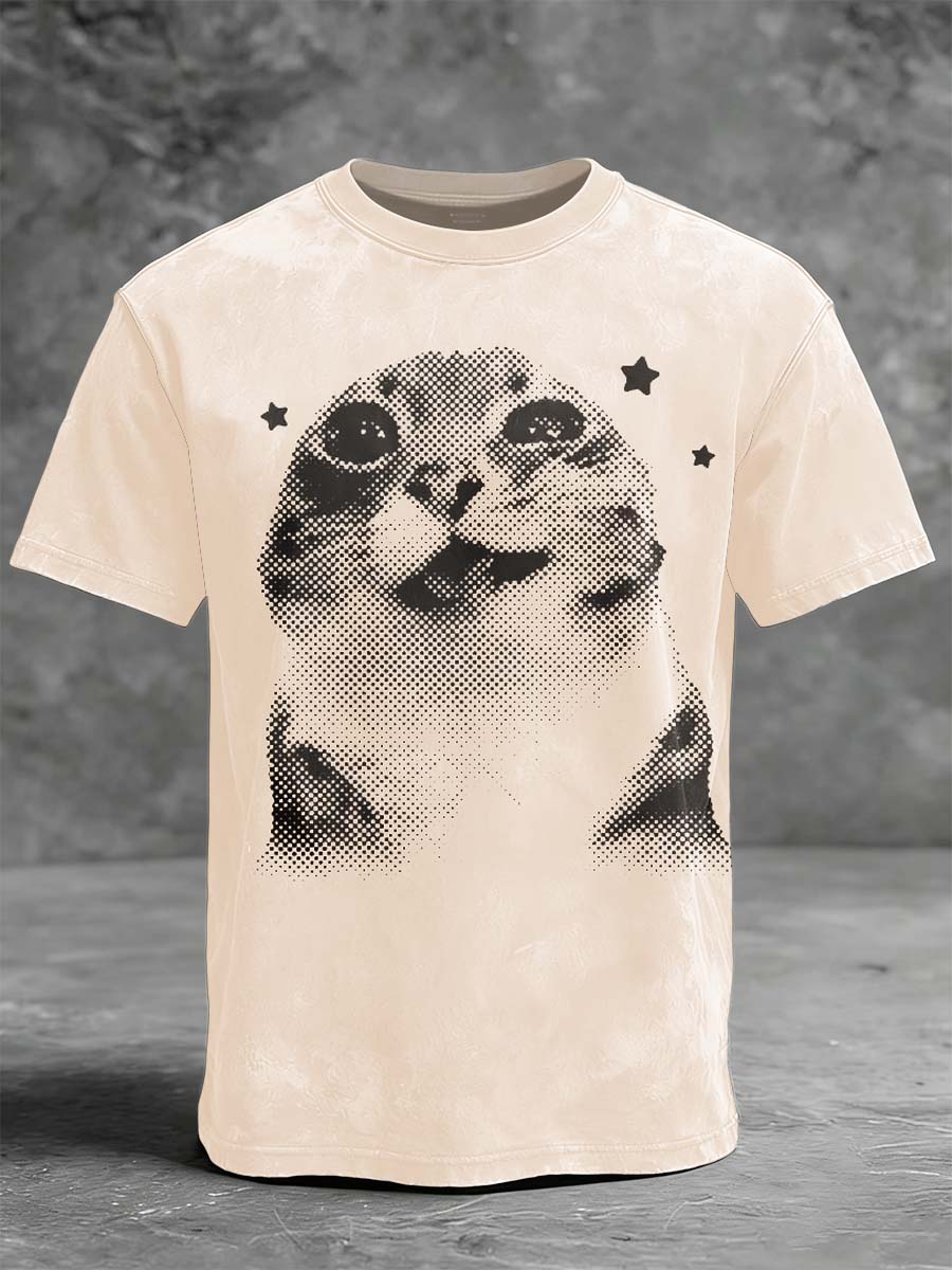 Mesh-Patterned Cat & Stars Print Casual Short-Sleeve T-Shirt