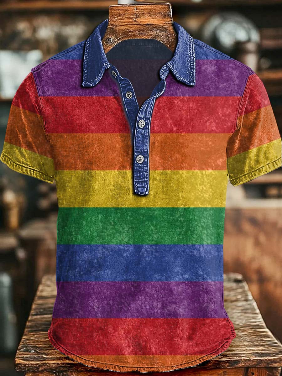 Retro Wide-Stripe Print Casual Short-Sleeve Polo Shirt