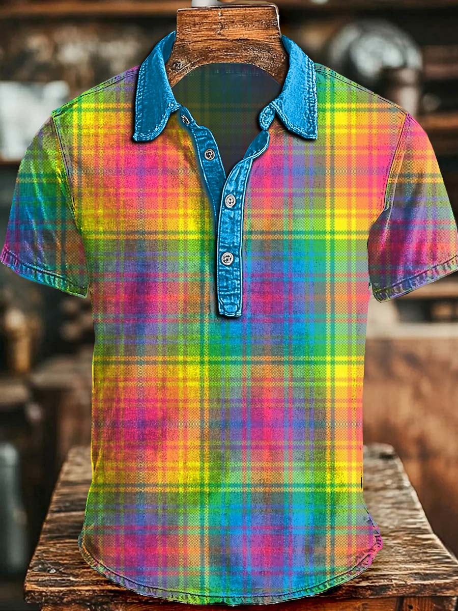 Vibrant Distressed Plaid Print Casual Short-Sleeve Polo Shirt
