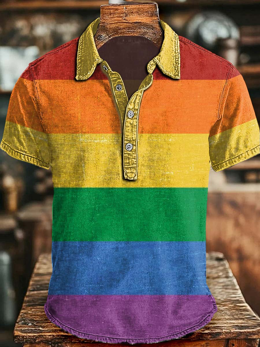 Classic Rainbow Wide-Stripe Print Casual Short-Sleeve Polo Shirt