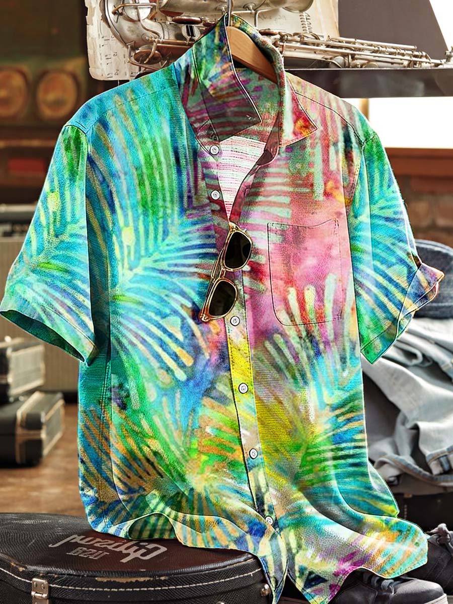 Vibrant Palm Tie-Dye Printed Casual Short-Sleeve Shirt