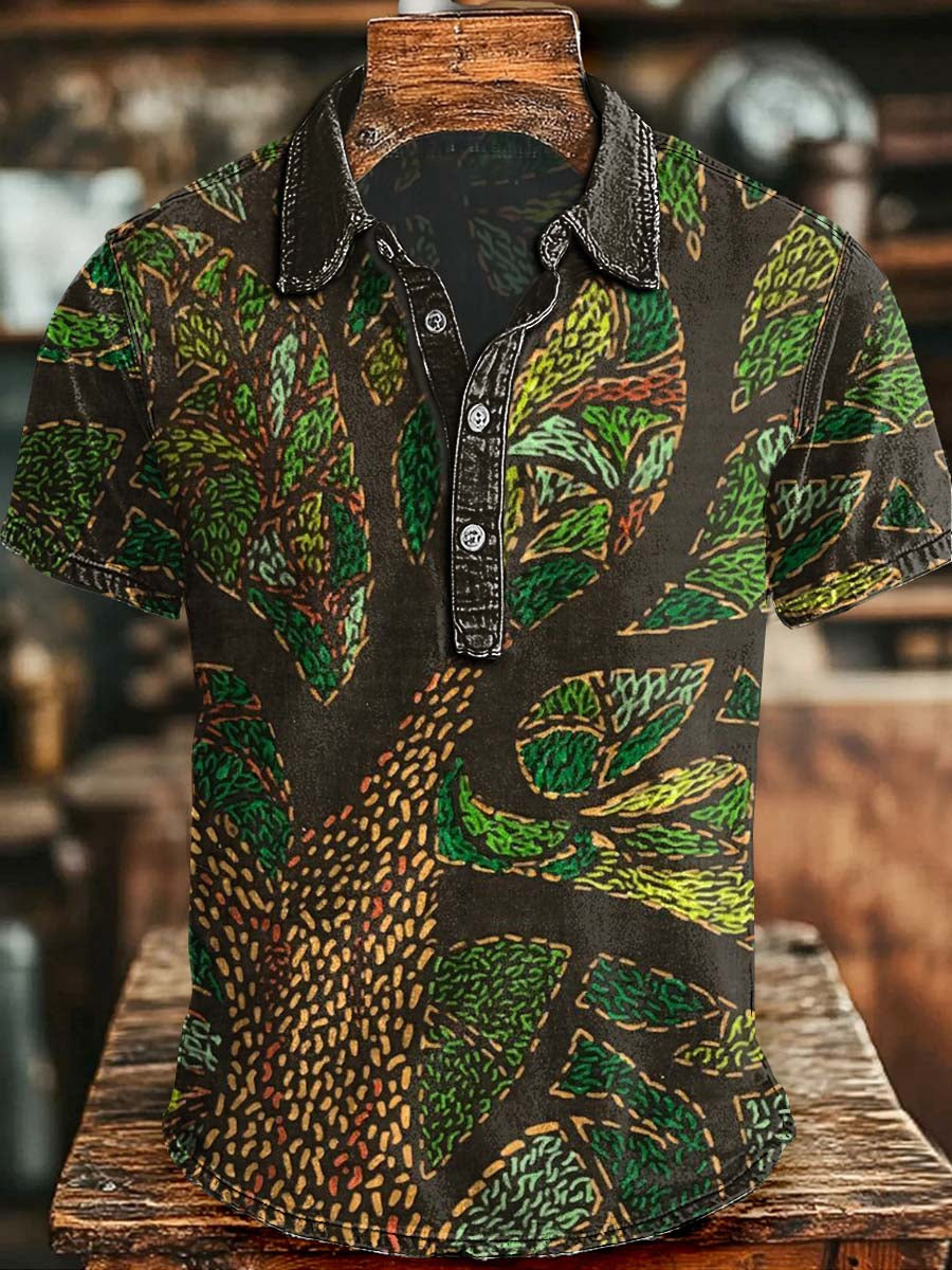 Abstract Branch Print Casual Short-Sleeve Polo Shirt