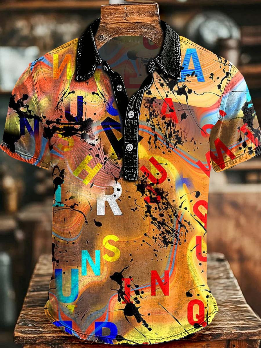 Letter & Ink Splatter Print Casual Short-Sleeve Polo Shirt