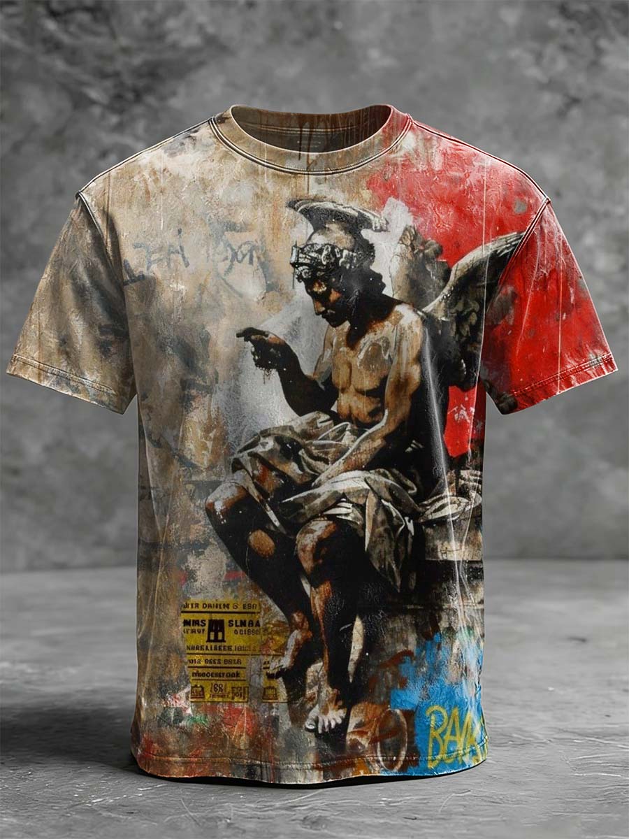 Distressed Angel Statue Print Casual Short-Sleeve T-Shirt