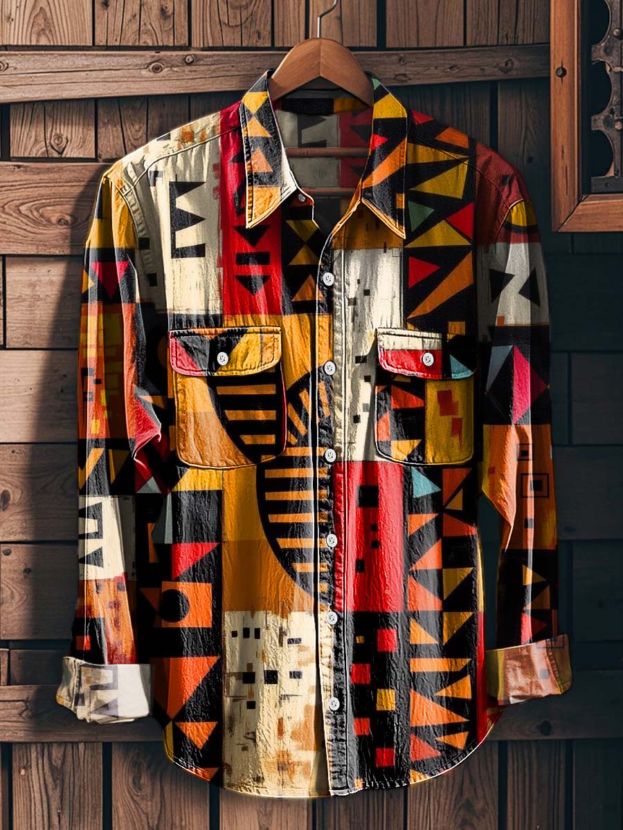 African Tribal Geometric Print Casual Long-Sleeved Shirt