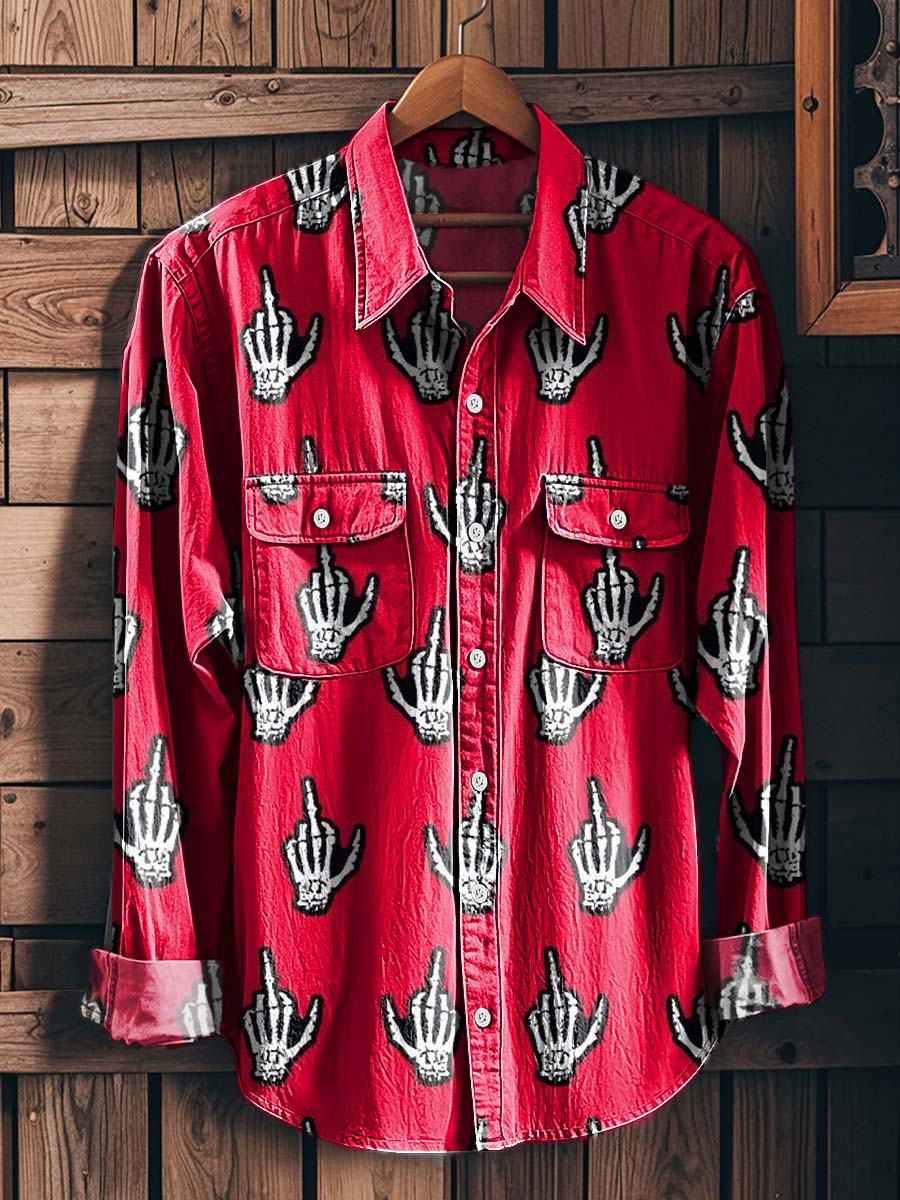 Funny Skull Hand Gesture Print Casual Long-Sleeved Shirt