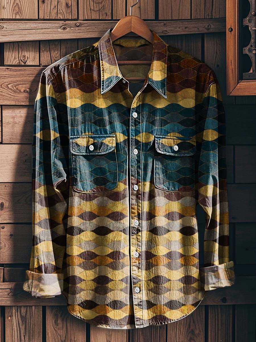Retro Wave Print Casual Long-Sleeved Shirt
