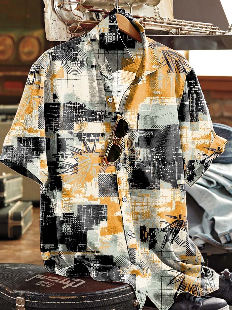 Abstract Geometric Patchwork Print Casual Short-Sleeved Shirt