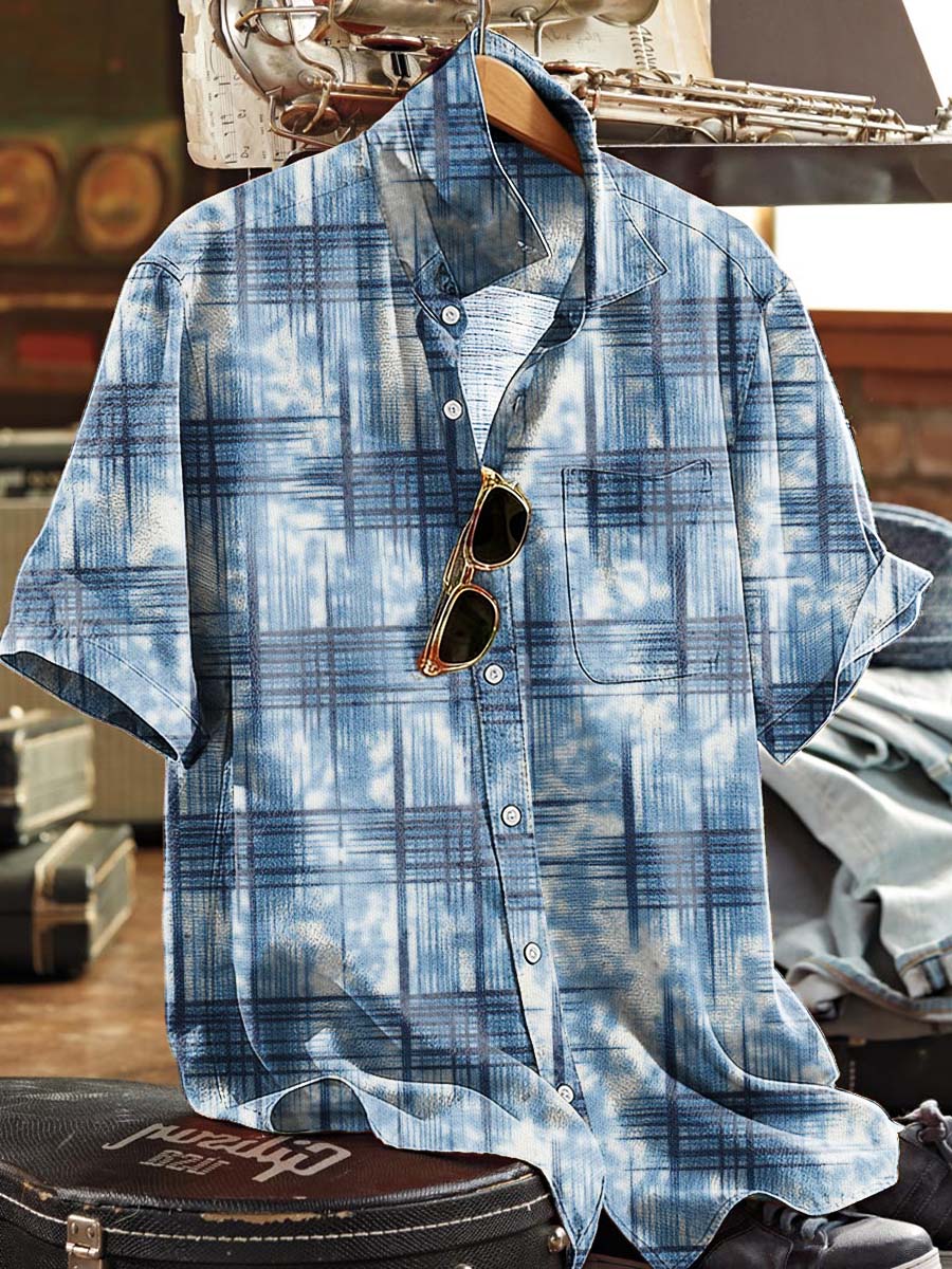Distressed Blue And White Checkered Print Casual Short-Sleeved Shirt