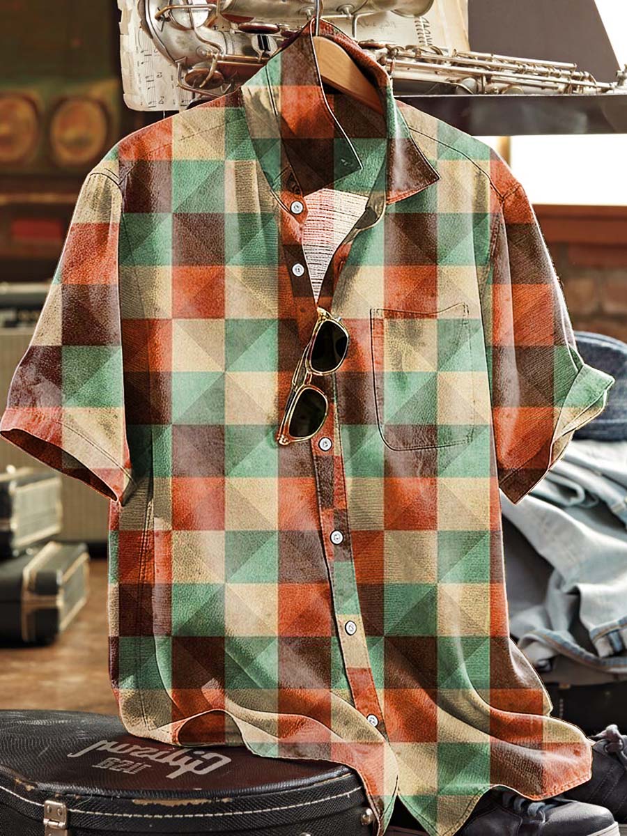 Retro Diamond Pattern Print Casual Short-Sleeved Shirt