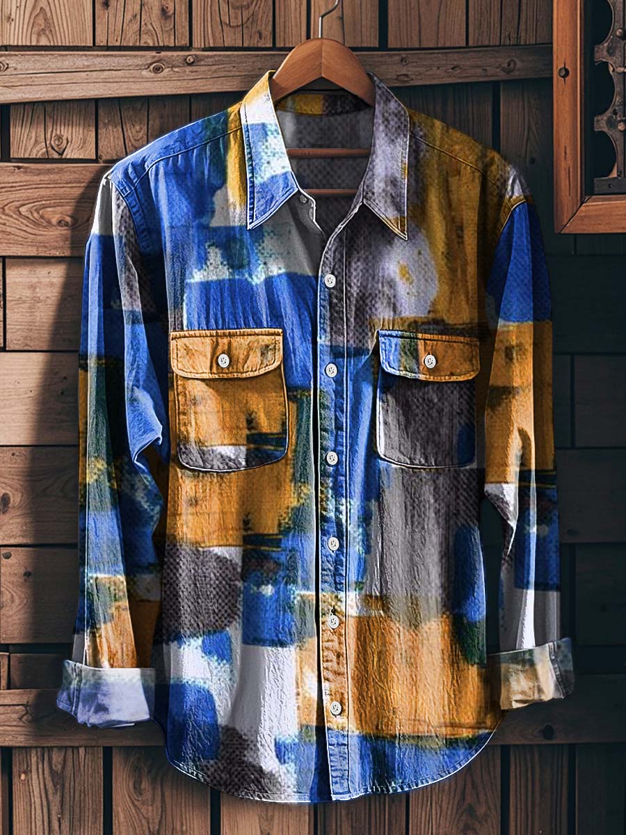 Color-Blocked Plaid Print Casual Long-Sleeved Shirt